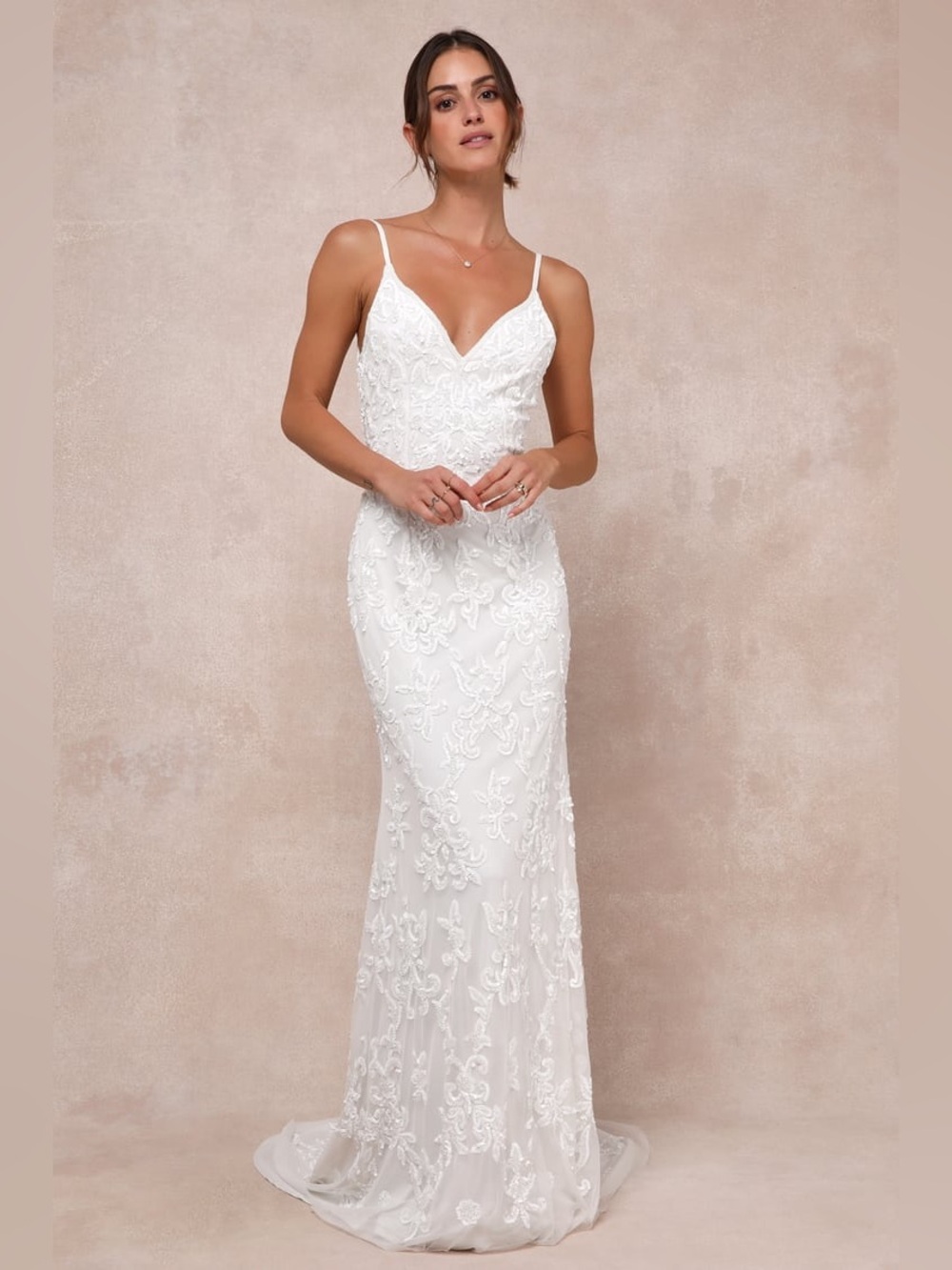 NWT Lulus Everlasting Passion White Sequin Beaded Backless Maxi Dress